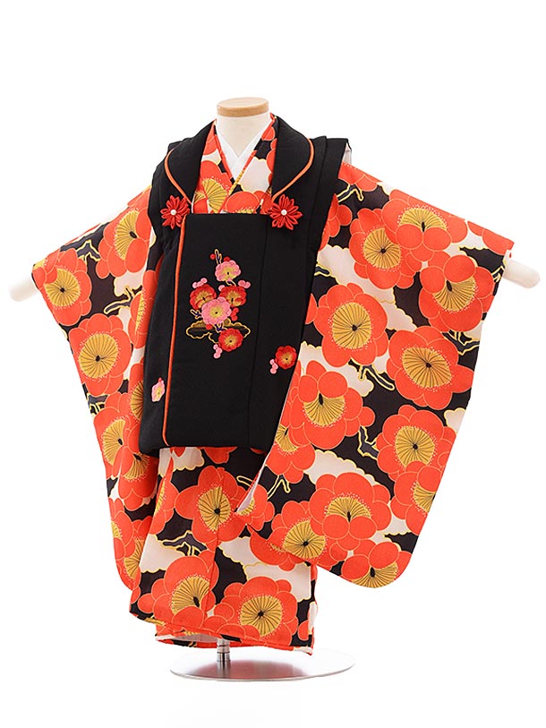 七五三 着物 3歳 レンタル 七五三 3歳 被布 セット 3629 黒×黒地 赤梅 女の子 七五三レンタル 3歳 女児 被布 七五三 三歳女児 被布コート 子供...