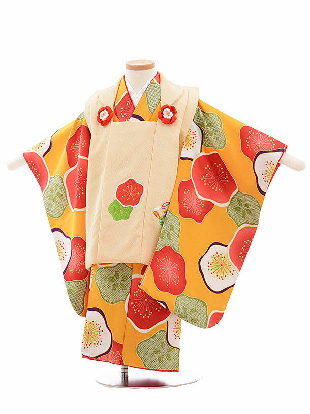 七五三 着物 3歳 レンタル 七五三 3歳 被布 セット 3633 花わらべ ベージュ×黄色地 梅 女の子 七五三レンタル 3歳 女児 被布 七五三 三歳女児 ...
