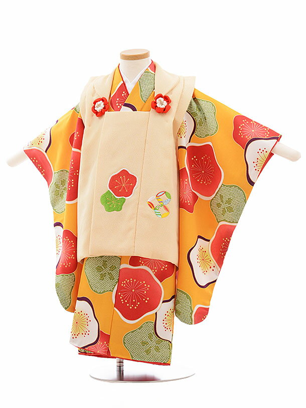 七五三 着物 3歳 レンタル 七五三 3歳 被布 セット 3633 花わらべ ベージュ×黄色地 梅 女の子 七五三レンタル 3歳 女児 被布 七五三 三歳女児 被布コート 子供 お祝い着 正月 3歳 3才 きものレンタル 新品足袋プレゼント 往復送料無料【レンタル】 3