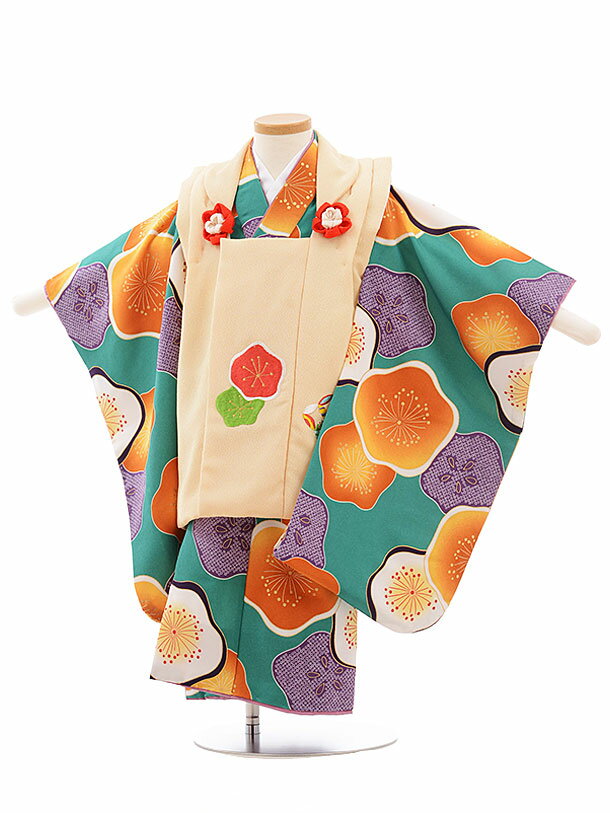 七五三 着物 3歳 レンタル 七五三 3歳 被布 セット 3636 花わらべ ベージュ×グリーン地 梅 女の子 七五三レンタル 3歳 女児 被布 七五三 三歳女...