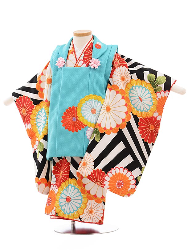 七五三 着物 3歳 レンタル 七五三 3歳 被布 セット 3637 花わらべ ターコイズ×黒縞 菊 女の子 七五三レンタル 3歳 女児 被布 七五三 三歳女児 ...