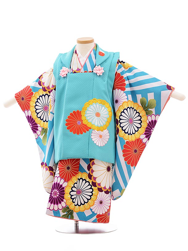 七五三 着物 3歳 レンタル 七五三 3歳 被布 セット 3639 花わらべ ターコイズ×ブルー縞 菊 女の子 七五三レンタル 3歳 女児 被布 七五三 三歳女児 被布コート 子供 お祝い着 正月 3歳 3才 きものレンタル 新品足袋プレゼント 往復送料無料【レンタル】