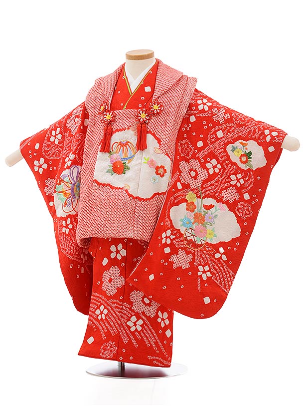 七五三 着物 3歳 レンタル 七五三 3歳 被布 セット 3695 正絹絞り刺繍 赤絞りまり刺繍 女の子 七五三レンタル 3歳 女児 被布 七五三 三歳女児 被...