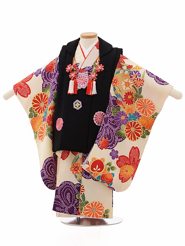 七五三 着物 3歳 レンタル 七五三 3歳 被布 セット 3705黒xクリーム色菊花丸 女の子 七五三レンタル 3歳 女児 被布 七五三 三歳女児 被布コート ...