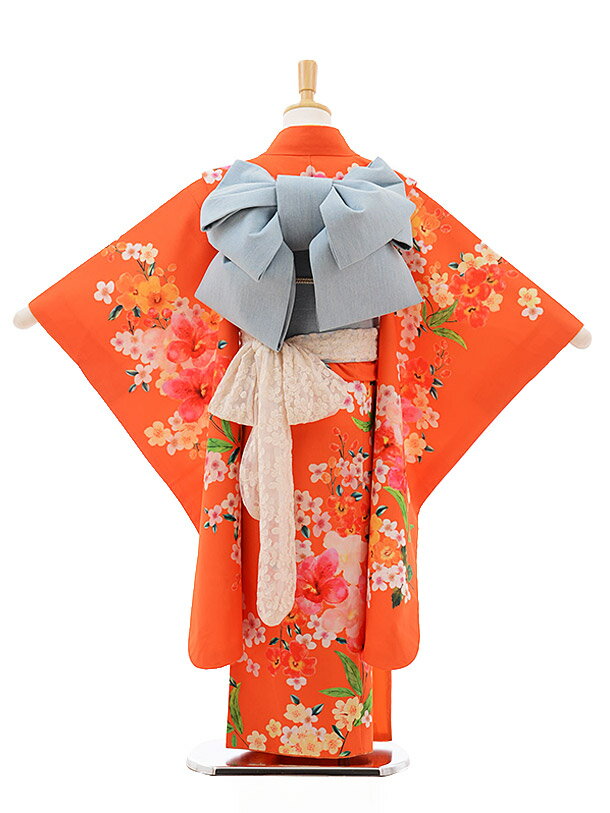 753 七五三 着物 7歳 フルセット 女の子 レンタル 7635 チャイルドール オレンジ ダンガリー花 四つ身 子供 お祝い着 正月 7歳 7才 きものレンタル 新品足袋プレゼント 往復送料無料【レンタル】