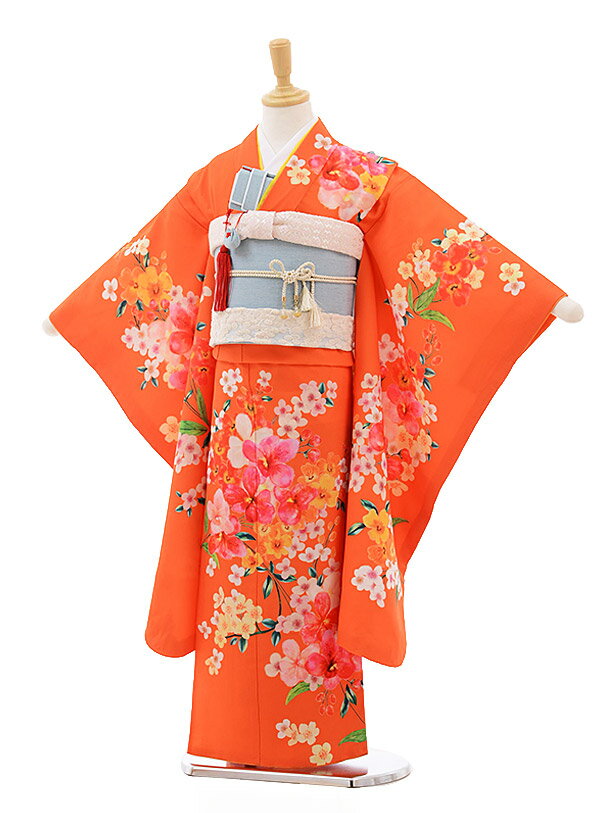 753 七五三 着物 7歳 フルセット 女の子 レンタル 7635 チャイルドール オレンジ ダンガリー花 四つ身 子供 お祝い着 正月 7歳 7才 きものレンタル 新品足袋プレゼント 往復送料無料【レンタル】