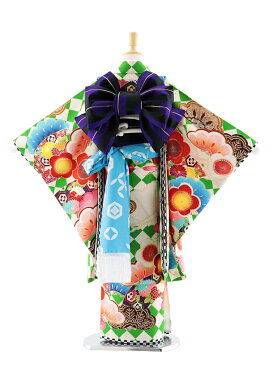 七五三 着物 7歳 フルセット レンタル 女の子 7706 JAPANSTYLE ダイヤに扇松梅 グリーン 四つ身 753 子ども お祝い着 正月 ブランド 7才 七才 七歳 女児 フルセットレンタル 7歳着物フルセット きものレンタル 新品足袋プレゼント 往復送料無料【レンタル】