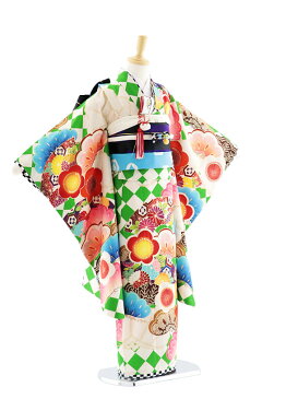 七五三 着物 7歳 フルセット レンタル 女の子 7706 JAPANSTYLE ダイヤに扇松梅 グリーン 四つ身 753 子ども お祝い着 正月 ブランド 7才 七才 七歳 女児 フルセットレンタル 7歳着物フルセット きものレンタル 新品足袋プレゼント 往復送料無料【レンタル】
