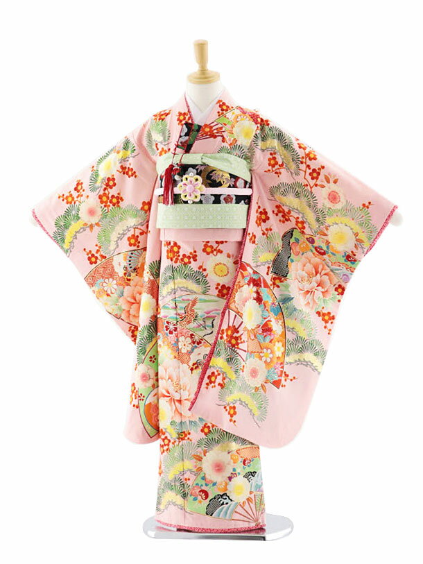 七五三 着物 7歳 フルセット レンタル 女の子 7707 乙葉 短冊に扇 ピンク 四つ身 753 子ども お祝い着 正月 ブランド 7才 七才 七歳 女児 フルセットレンタル 7歳着物フルセット きものレンタル 新品足袋プレゼント 往復送料無料【レンタル】
