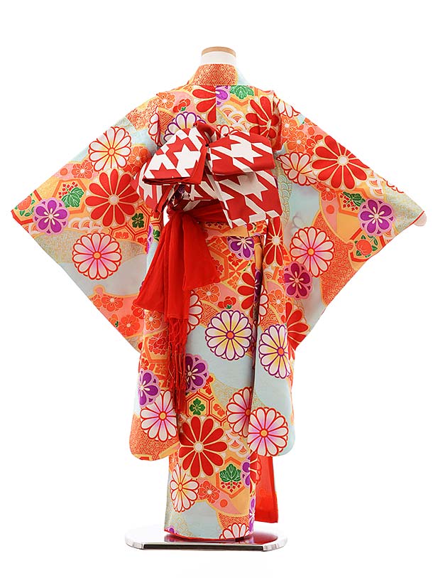 七五三レンタル(7歳女児袋帯) 7785 正絹 水色地 菊 四つ身 753 子ども お祝い着 正月 7歳 7才 七才 七歳 女児 7歳着物 フルセットレンタル 7歳着物フルセット きものレンタル 新品足袋プレゼント 往復送料無料【レンタル】