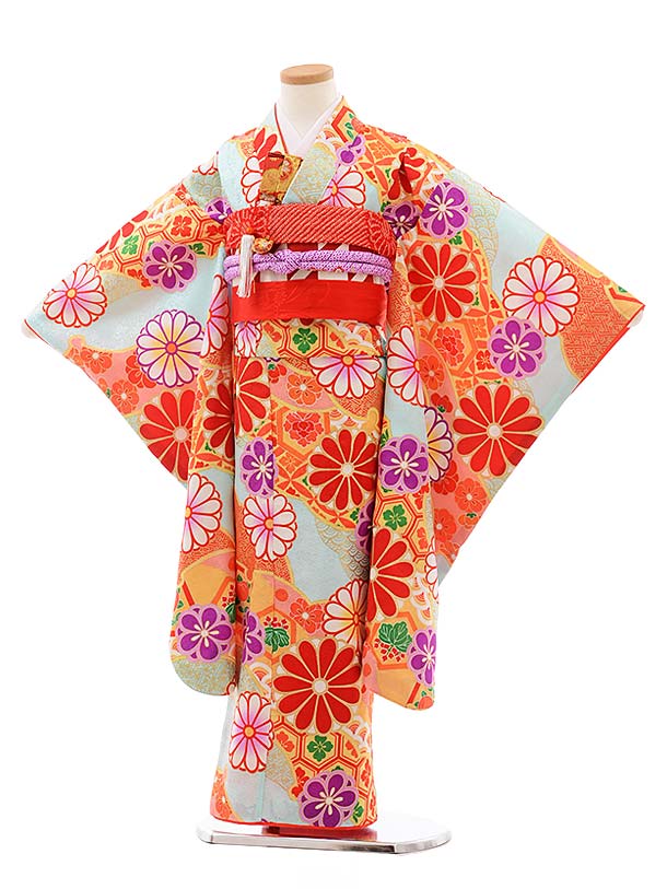 七五三レンタル(7歳女児袋帯) 7785 正絹 水色地 菊 四つ身 753 子ども お祝い着 正月 7歳 7才 七才 七歳 女児 7歳着物 フルセットレンタル 7歳着物フルセット きものレンタル 新品足袋プレゼント 往復送料無料【レンタル】