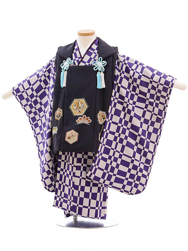 七五三 着物 3歳 男の子 被布 レンタル 男児 七五三 着物 七五三レンタル 正絹 2302 チャコールグレー地亀甲×パープル格子 3歳 3才 3歳男の子 男...