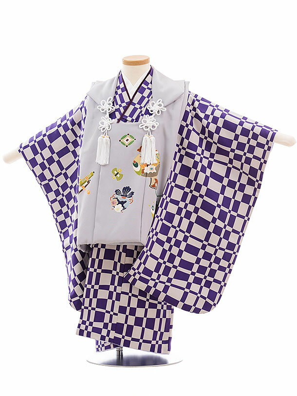七五三 着物 3歳 男の子 被布 レンタル 男児 七五三 着物 七五三レンタル 正絹 2304 淡グレー寿柄×パープル格子 3歳 3才 3歳男の子 男児 着物 ...