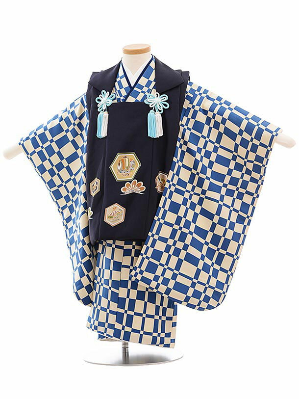 七五三 着物 3歳 男の子 被布 レンタル 男児 七五三 着物 七五三レンタル 正絹 2308 チャコールグレー地 亀甲×ブルー格子 3歳 3才 3歳男の子 男...