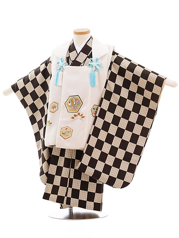 七五三 着物 3歳 男の子 被布 レンタル 男児 七五三 着物 七五三レンタル 正絹 2310 白地 亀甲×ブラウン市松 3歳 3才 3歳男の子 男児 着物 子...