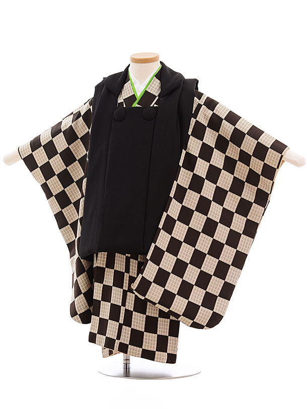 七五三 着物 3歳 男の子 被布 レンタル 男児 七五三 着物 七五三レンタル 正絹 2316 黒×ブラウン市松 3歳 3才 3歳男の子 男児 着物 子供 きも...