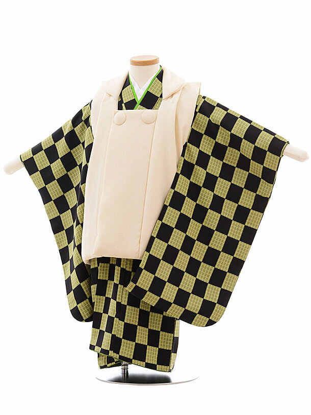 七五三 着物 3歳 男の子 被布 レンタル 男児 七五三 着物 七五三レンタル 正絹 2323 クリーム色×黒グリーン市松 3歳 3才 3歳男の子 男児 着物 ...