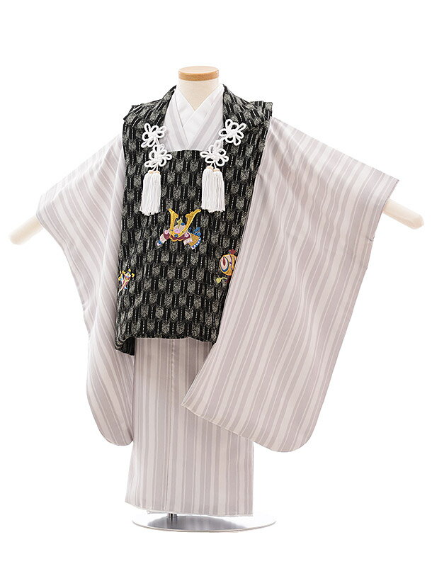 七五三 着物 3歳 男の子 被布 レンタル 男児 七五三 着物 七五三レンタル 2341 黒 矢柄 かぶと 刺しゅう×グレーストライプ 3歳 3才 3歳男の子 ...
