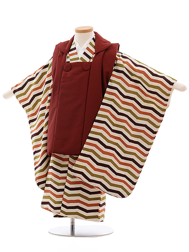 七五三 着物 3歳 男の子 被布 レンタル 男児 七五三 着物 七五三レンタル 2347 エンジ色×ベージュ 変わりボーダー 3歳 3才 3歳男の子 男児 着物...