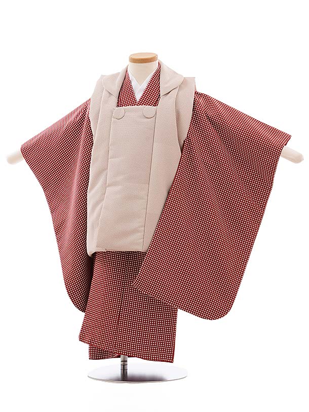 七五三 着物 3歳 男の子 被布 レンタル 男児 七五三 着物 七五三レンタル 2348 ベージュ×エンジ 格子 3歳 3才 3歳男の子 男児 着物 子供 きも...