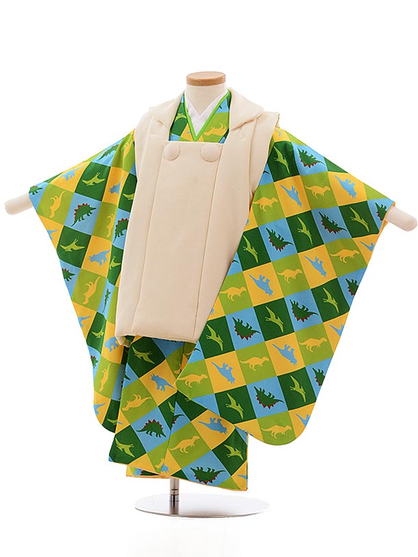 七五三 着物 3歳 男の子 被布 レンタル 男児 七五三 着物 七五三レンタル 2353 正絹 クリーム色×グリーン 恐竜 3歳 3才 3歳男の子 男児 着物 ...