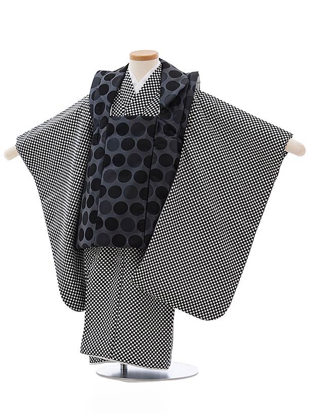 七五三 着物 3歳 男の子 被布 レンタル 男児 七五三 着物 七五三レンタル 2365 ラメグレー地 ドット×黒白市松 3歳 3才 3歳男の子 男児 着物 子...