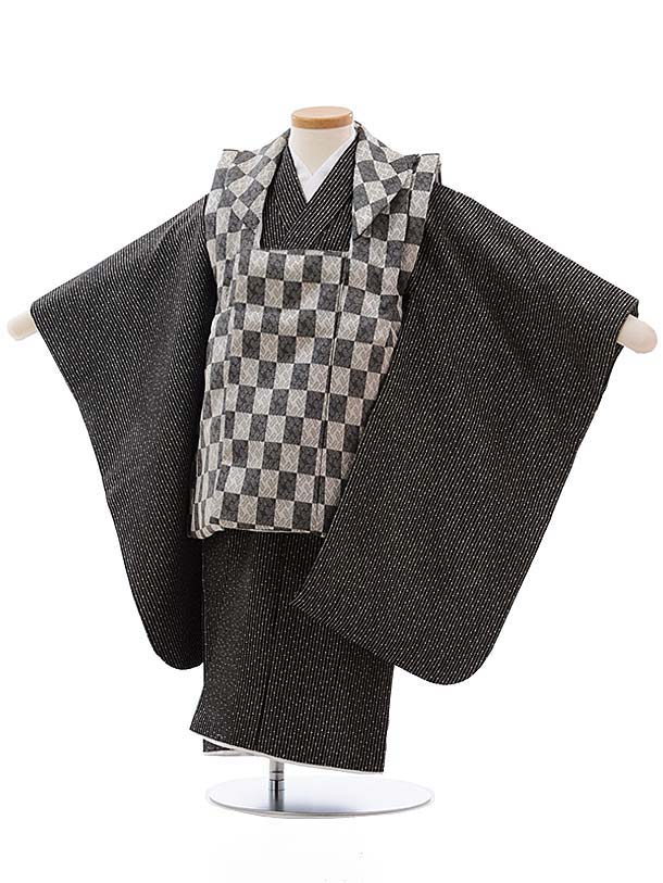 七五三 着物 3歳 男の子 被布 レンタル 男児 七五三 着物 七五三レンタル 2372 グレーラメ市松×黒 変わりストライプ 3歳 3才 3歳男の子 男児 着...