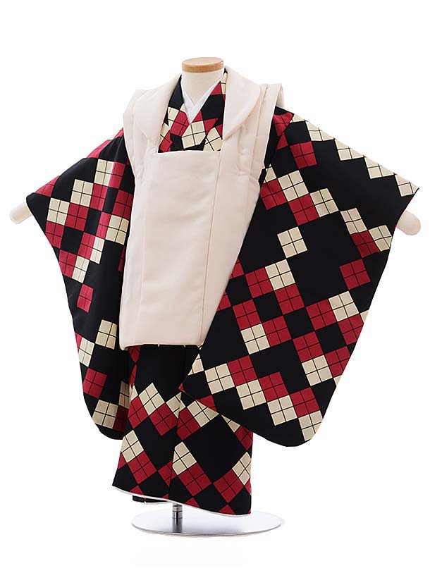 七五三 着物 3歳 男の子 被布 レンタル 男児 七五三 着物 七五三レンタル 2376 ラメアイボリー×黒赤アーガイル 3歳 3才 3歳男の子 男児 着物 子...