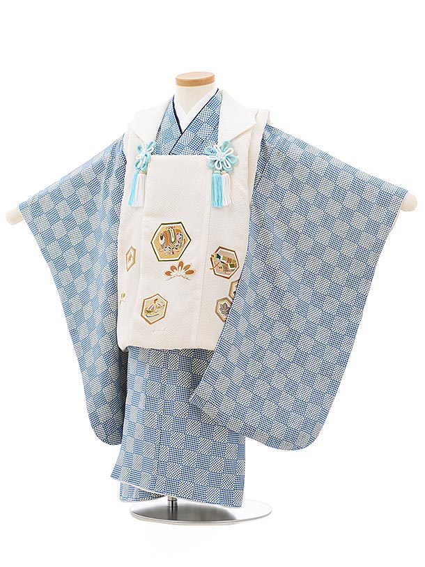 七五三 着物 3歳 男の子 被布 レンタル 男児 七五三 着物 七五三レンタル 正絹2395白亀甲小槌×ブルー地変わり市松 3歳 3才 3歳男の子 男児 着物 ...