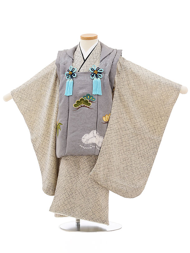 七五三 着物 3歳 男の子 被布 レンタル 男児 七五三 着物 七五三レンタル 正絹2396グレー刺繍松×黒地疋田柄 3歳 3才 3歳男の子 男児 着物 子供 ...