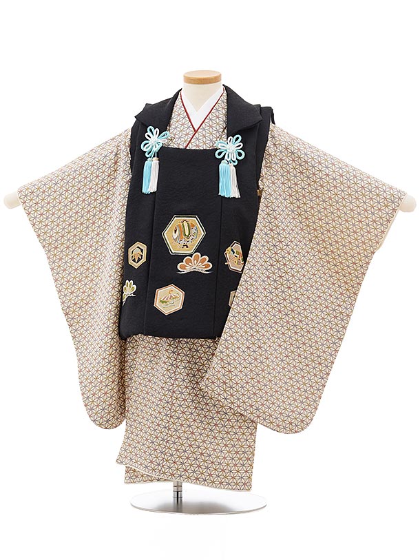 七五三 着物 3歳 男の子 被布 レンタル 男児 七五三 着物 七五三レンタル 正絹2401黒亀甲小槌×ベージュ変わり柄 3歳 3才 3歳男の子 男児 着物 子...