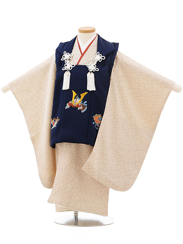 七五三 着物 3歳 男の子 被布 レンタル 男児 七五三 着物 七五三レンタル 正絹2411紺刺繍かぶと×茶色疋田柄 3歳 3才 3歳男の子 男児 着物 子供 ...