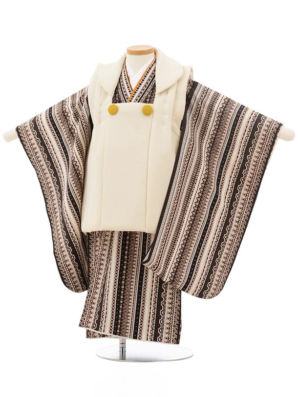 七五三 着物 3歳 男の子 被布 レンタル 男児 七五三 着物 七五三レンタル 2423クリーム色×ブラウン変わりストライプ 3歳 3才 3歳男の子 男児 着物...