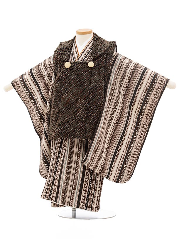 七五三 着物 3歳 男の子 被布 レンタル 男児 七五三 着物 七五三レンタル 2424緑茶ドット×ブラウン変わりストライプ 3歳 3才 3歳男の子 男児 着物...