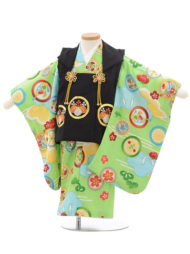 七五三 着物 2歳 男の子 被布 レンタル 男児 七五三 着物 七五三レンタル 2427黒刺繍丸紋×黄緑丸紋 2歳 2才 2歳男の子 男児 着物 子供 きもの被...