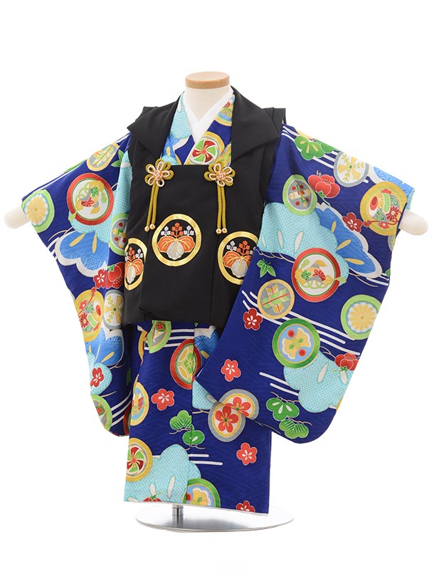 七五三 着物 2歳 男の子 被布 レンタル 男児 七五三 着物 七五三レンタル 2428黒刺繍丸紋×ブルー丸紋 2歳 2才 2歳男の子 男児 着物 子供 きもの...