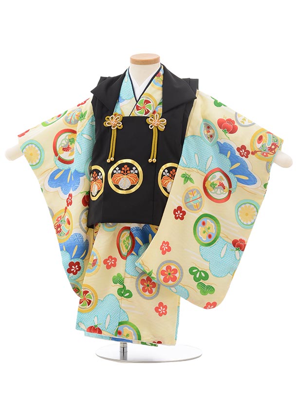 七五三 着物 2歳 男の子 被布 レンタル 男児 七五三 着物 七五三レンタル 2429黒刺繍丸紋×クリーム色丸紋 2歳 2才 2歳男の子 男児 着物 子供 き...