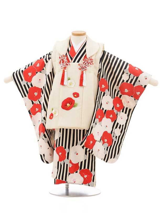 七五三 着物 3歳 レンタル 七五三 3歳 被布 セット 3744 クリーム×黒白 ストライプ 椿 女の子 七五三レンタル 3歳 女児 被布 七五三 三歳女児 ...