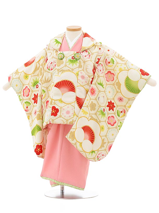 七五三 着物 3歳 レンタル 七五三 3歳 被布 セット 3751 九重 袖付き被布 クリーム×ピンク 女の子 七五三レンタル 3歳 女児 被布 七五三 三歳女...