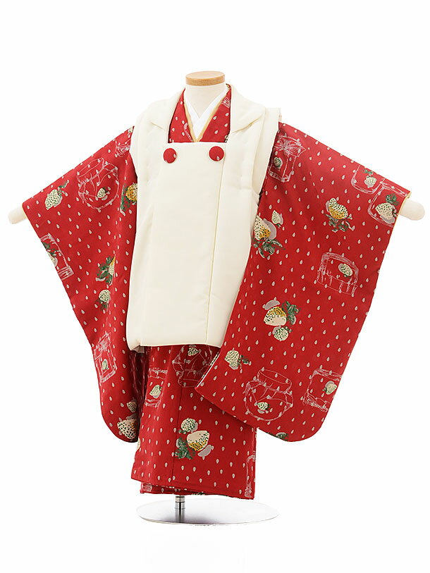 七五三 着物 3歳 レンタル 七五三 3歳 被布 セット 3760 クリーム×赤いちご 女の子 七五三レンタル 3歳 女児 被布 七五三 三歳女児 被布コート ...