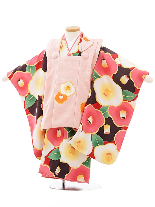 七五三 着物 3歳 レンタル 七五三 3歳 被布 セット 3768花わらべピンク×赤地茶ピンク椿 女の子 七五三レンタル 3歳 女児 被布 七五三 三歳女児 被...