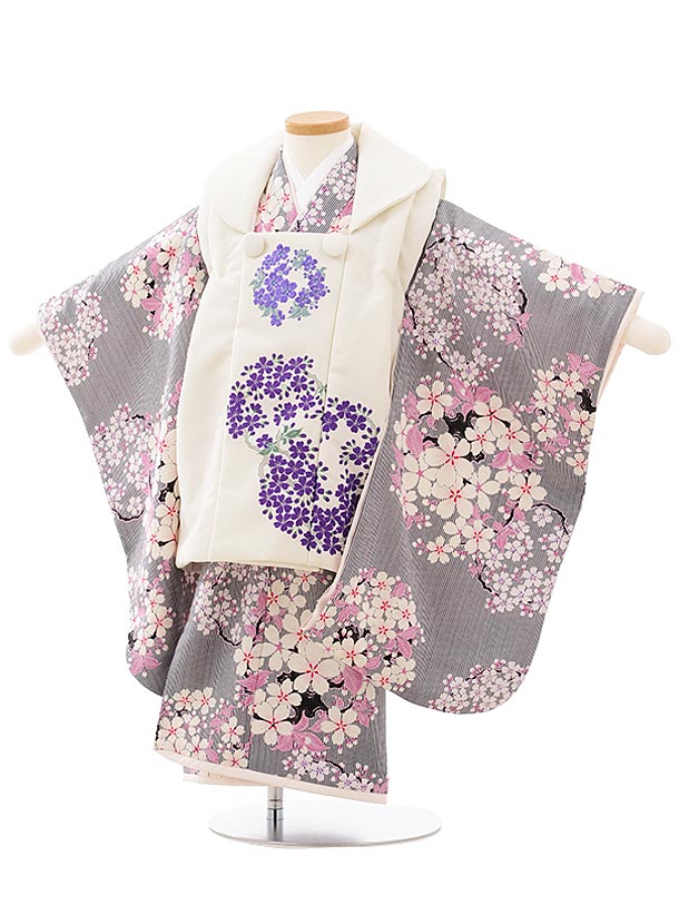 七五三 着物 3歳 レンタル 七五三 3歳 被布 セット 3777NATURALBEAUTY桜刺繍白×黒ストライプ 女の子 七五三レンタル 3歳 女児 被布 七...
