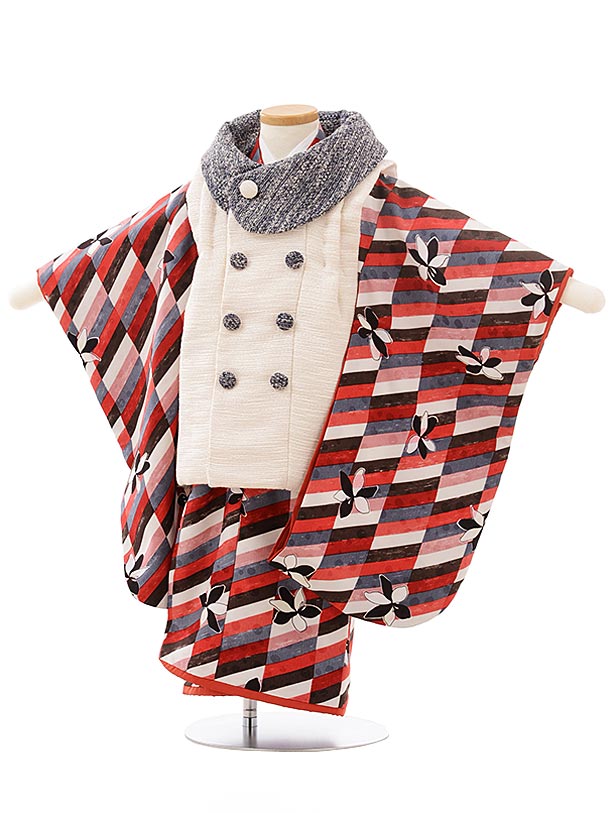 七五三 着物 3歳 レンタル 七五三 3歳 被布 セット 3779モダンアンテナツイードオフホワイト×赤 女の子 七五三レンタル 3歳 女児 被布 七五三 三歳...