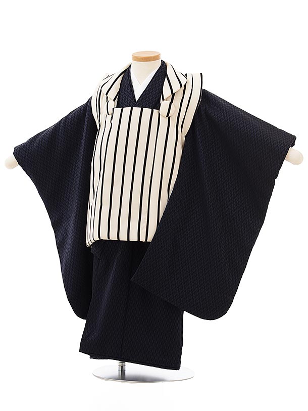 七五三レンタル 被布 男児 着物 2500 白黒ストライプ×濃紺 3歳男の子 七五三 子供 きもの レンタル セット 七五三 お正月 和装 お祝い 3才 3歳 ...