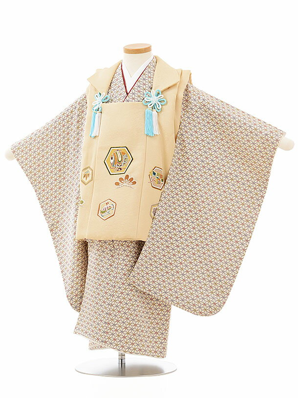 七五三レンタル 被布 男児 着物 正絹2522ベージュ亀甲×グレージュ変わり柄 3歳男の子 七五三 子供 きもの レンタル セット 七五三 お正月 和装 お祝い...