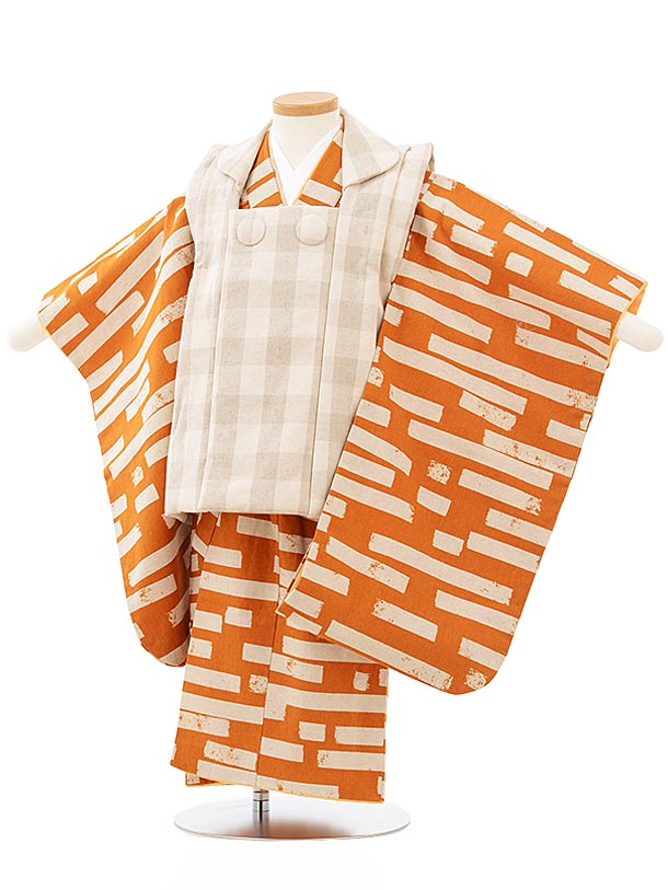 七五三レンタル 被布 男児 着物 2525 ベージュチェック×キャメル変わり柄 3歳男の子 七五三 子供 きもの レンタル セット 七五三 お正月 和装 お祝い...