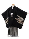 七五三レンタル 男の子 5473 高級正絹 黒地 かすみにかぶと×黒白縞袴 着物 5歳 男の子 レンタル 袴セット 男児 753 フルセット 着物 子ども きも...