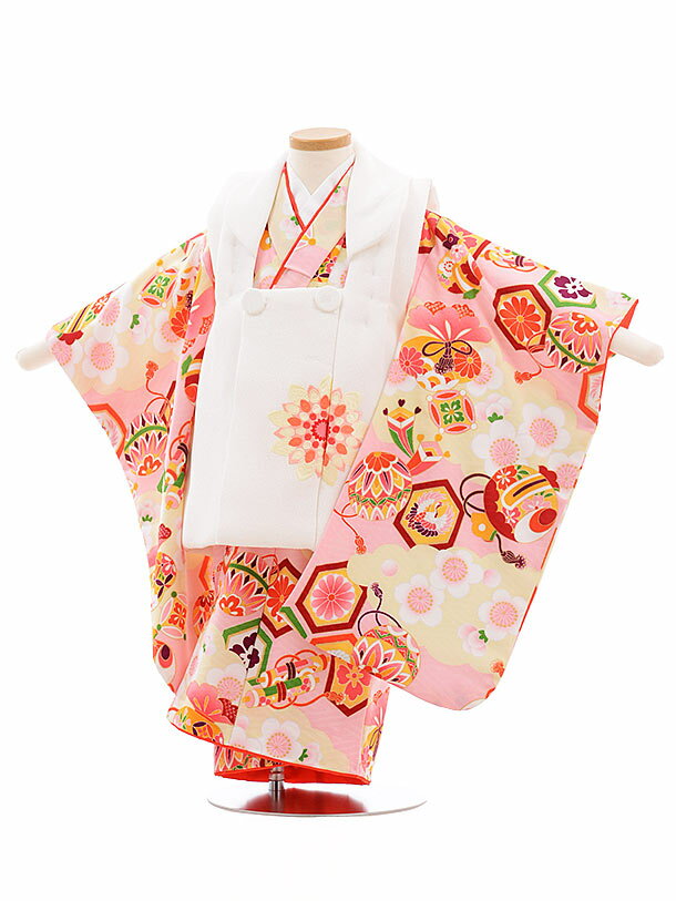 七五三 着物 3歳 レンタル 七五三 3歳 被布 セット 3642 白×ピンク まり 小槌 女の子 七五三レンタル 3歳 女児 被布 七五三 三歳女児 被布コー...