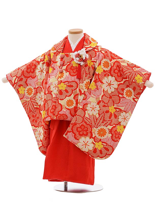 七五三 着物 3歳 レンタル 七五三 3歳 被布 セット 3666 正絹 紅一点 袖付き被布 クリーム地 赤黄梅×赤 女の子 七五三レンタル 3歳 女児 被布 ...