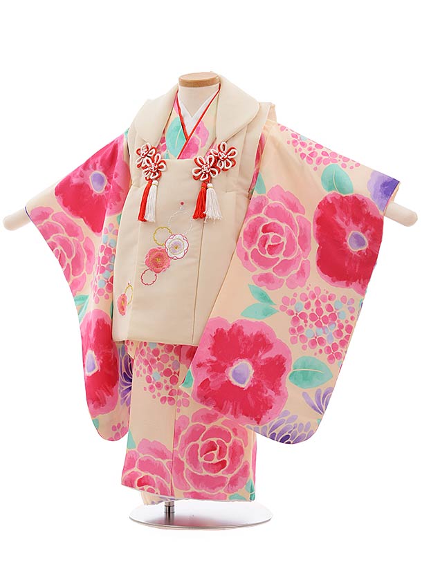 七五三 着物 3歳 レンタル 七五三 3歳 被布 セット 3669 クリーム色×うすピンク地 花 女の子 七五三レンタル 3歳 女児 被布 七五三 三歳女児 被...